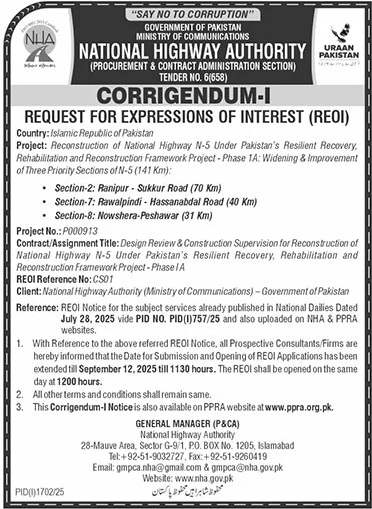 National Highway Authority Islamabad Tender Notice